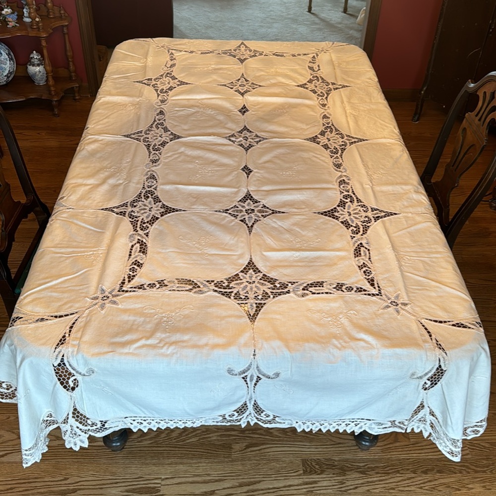 Cream Linen Rectangular Embroidered Tablecloth, 96X62”, 12 Cloth Napkins